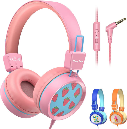 Kids Headphones for School with Microphone KH20 Wired HD Stereo Safe Volume Limited 85Db/94Db Foldable Lightweight On-Ear Headphone for Girl/Mac/Android/Kindle/Tablet/Pad (Pink)