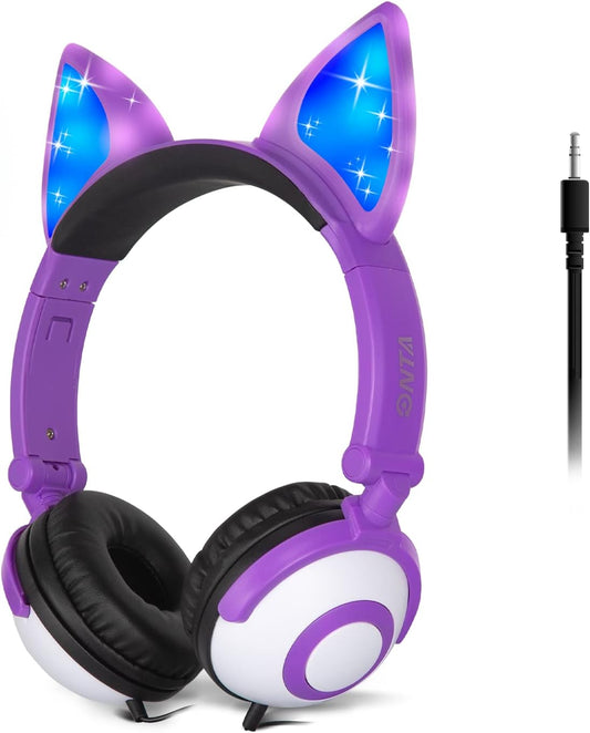 Kids Headphones with Cute LED Glowing Cat Ears,Foldable, Noise-Canceling and Adjustable Toddlers Headphones for Boys and Girls (Purple)