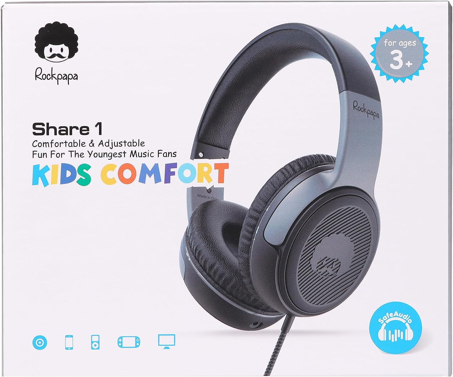 Share 1 Kids Headphones Wired with Microphone & Share Port, 85Db/94Db Volume Limited, Cute Foldable Student Child Boys Girls Headphones for School/Classroom/Travel Black/Grey