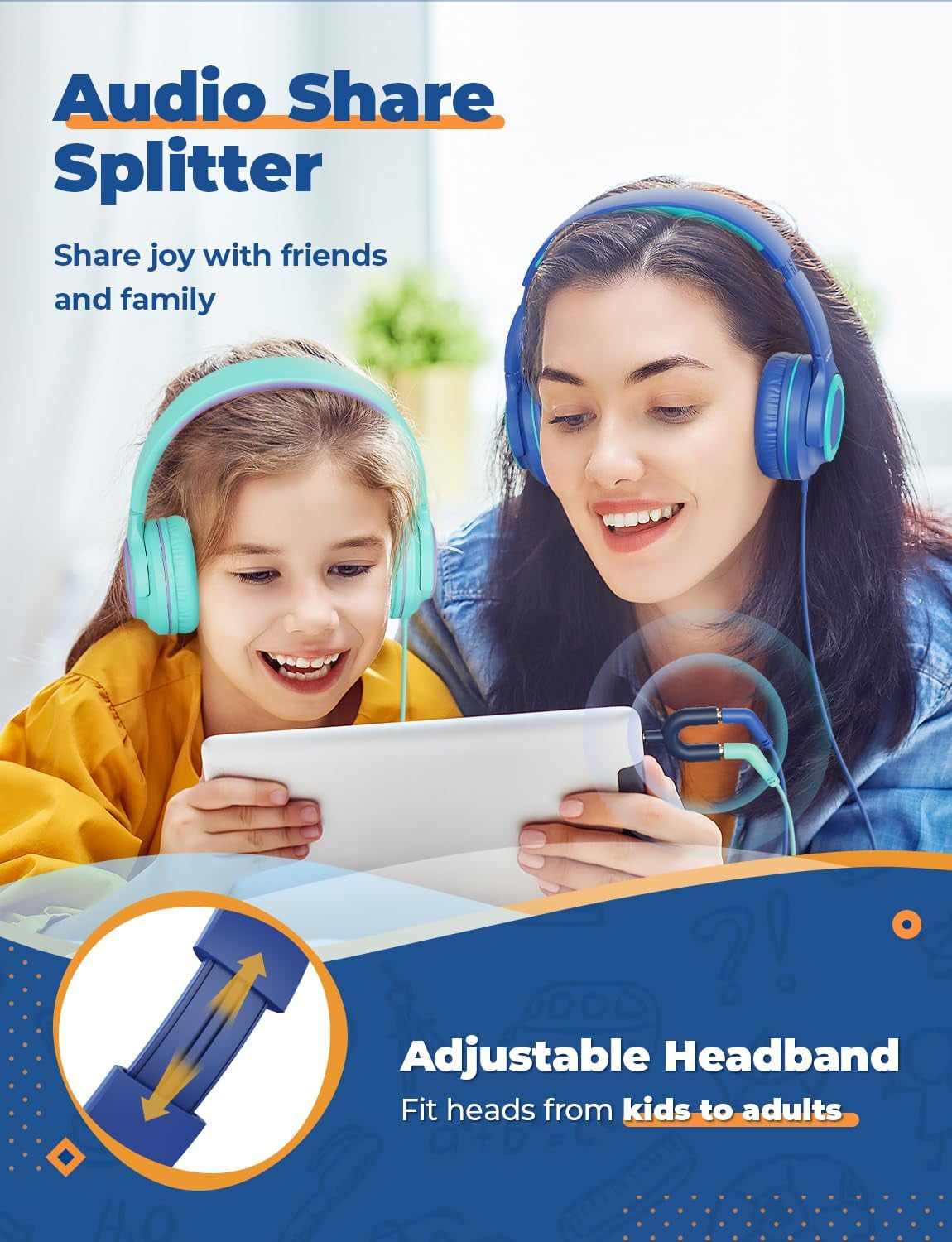 2Pack Kids Headphones with Sharing Splitter - 94Db Safe Volume Limited - HS22 Wired Headphones for Kids Teens, Tangle-Free 3.5Mm Jack Foldable Stereo Headphones for School/Tablet/Travel