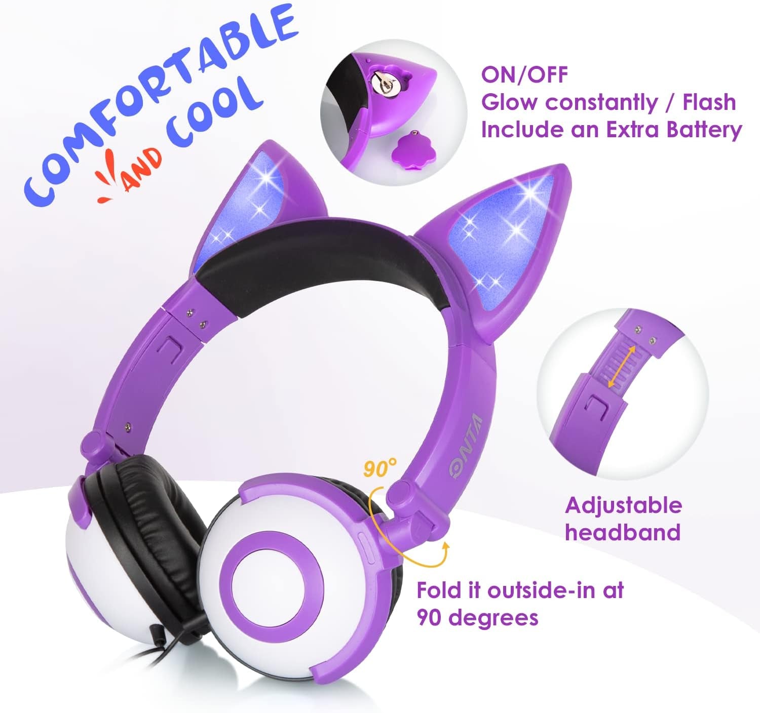 Kids Headphones with Cute LED Glowing Cat Ears,Foldable, Noise-Canceling and Adjustable Toddlers Headphones for Boys and Girls (Purple)