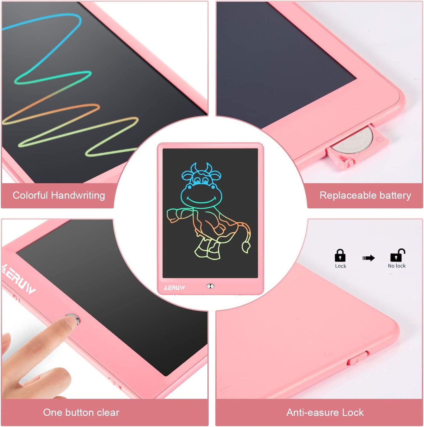 LCD Writing Tablet Colorful 10 Inch Electronic Graphics Doodle Board Ewriter Drawing Pad with Memory Lock Gift for Kids & Adults Home School Office Handwriting Tablet (Pink)