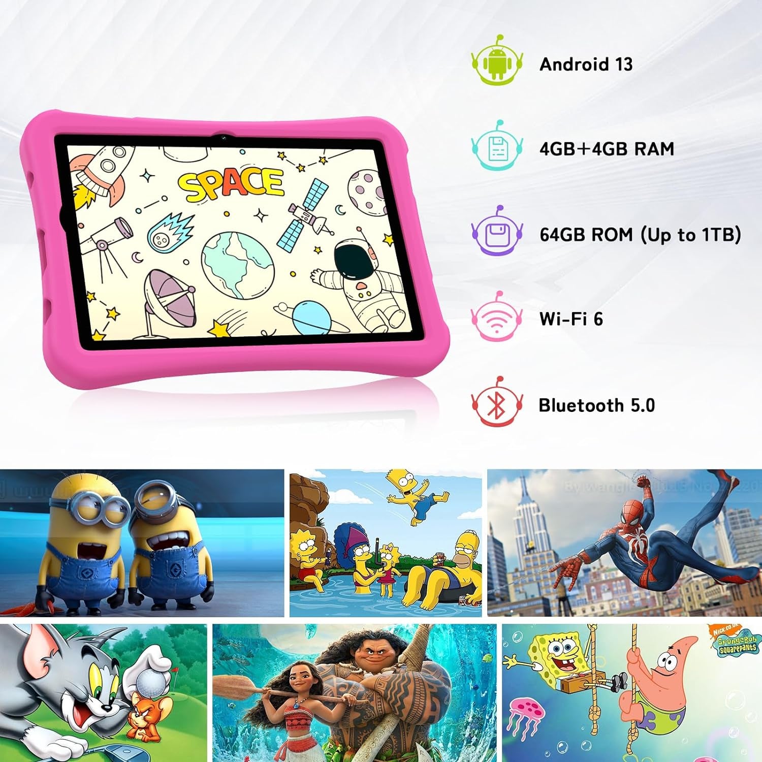 Kids Tablet, Android 13 Tablet for Kids, 10.1 Inch G2 Tab Kids, 8(4+4) GB RAM 64GB ROM up to 1TB, Children'S Tablet with Parental Control, BT 5.0, Wifi 6, Learning Tablet for Kids (Pink)