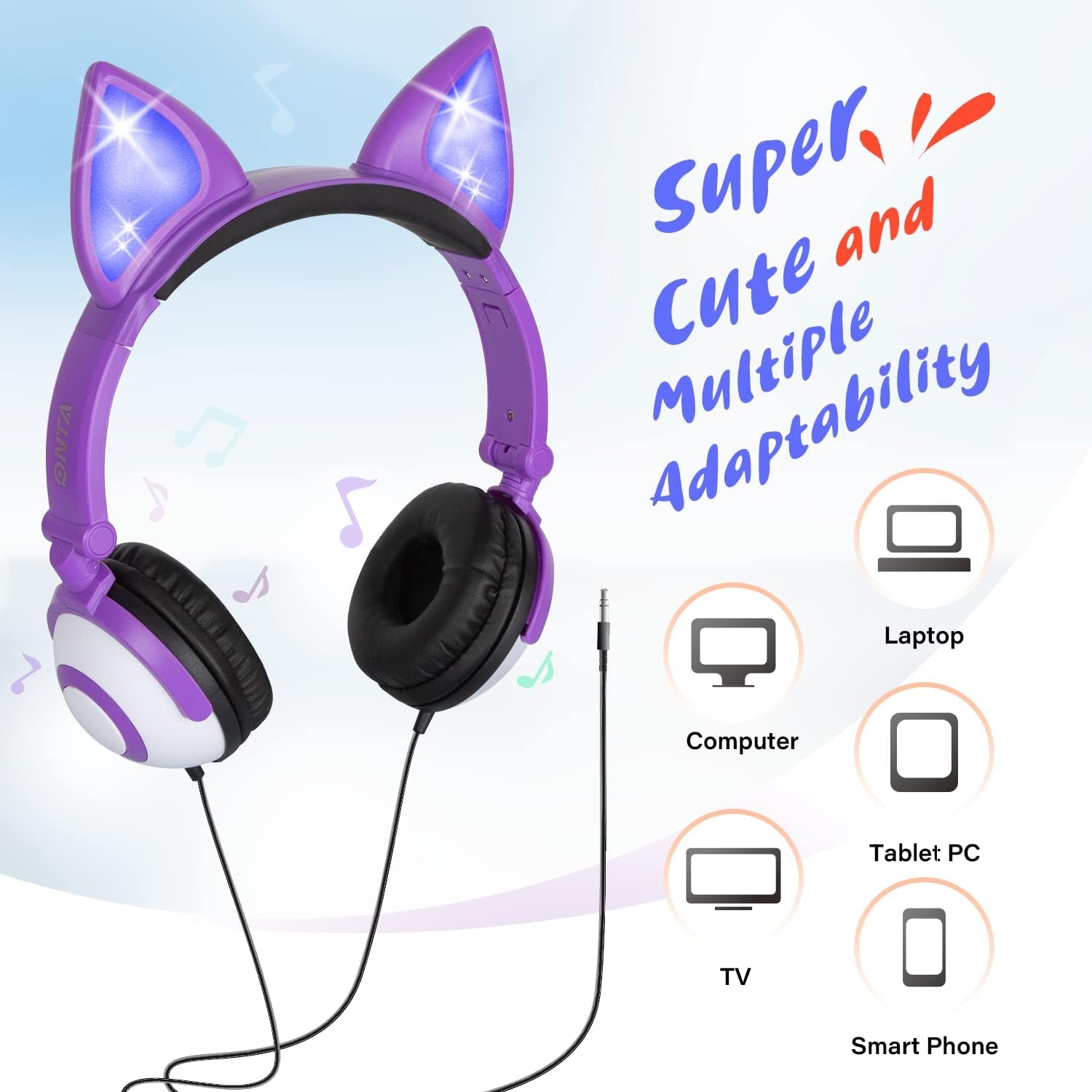 Kids Headphones with Cute LED Glowing Cat Ears,Foldable, Noise-Canceling and Adjustable Toddlers Headphones for Boys and Girls (Purple)