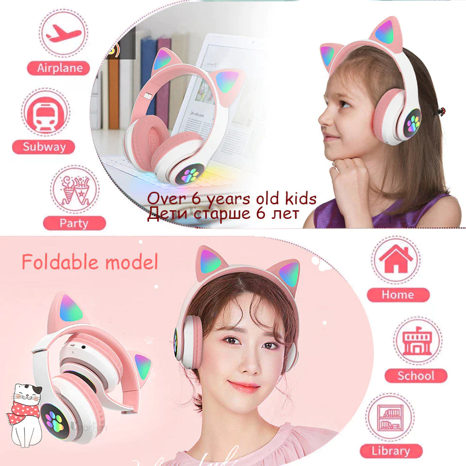 Flash Light Cute Cat Ear Headphones Wireless with Mic Can Close LED Kids Girls Stereo Phone Music Bluetooth Headset Gamer Gift