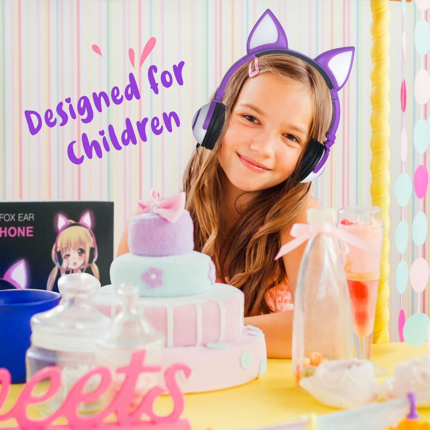 Kids Headphones with Cute LED Glowing Cat Ears,Foldable, Noise-Canceling and Adjustable Toddlers Headphones for Boys and Girls (Purple)