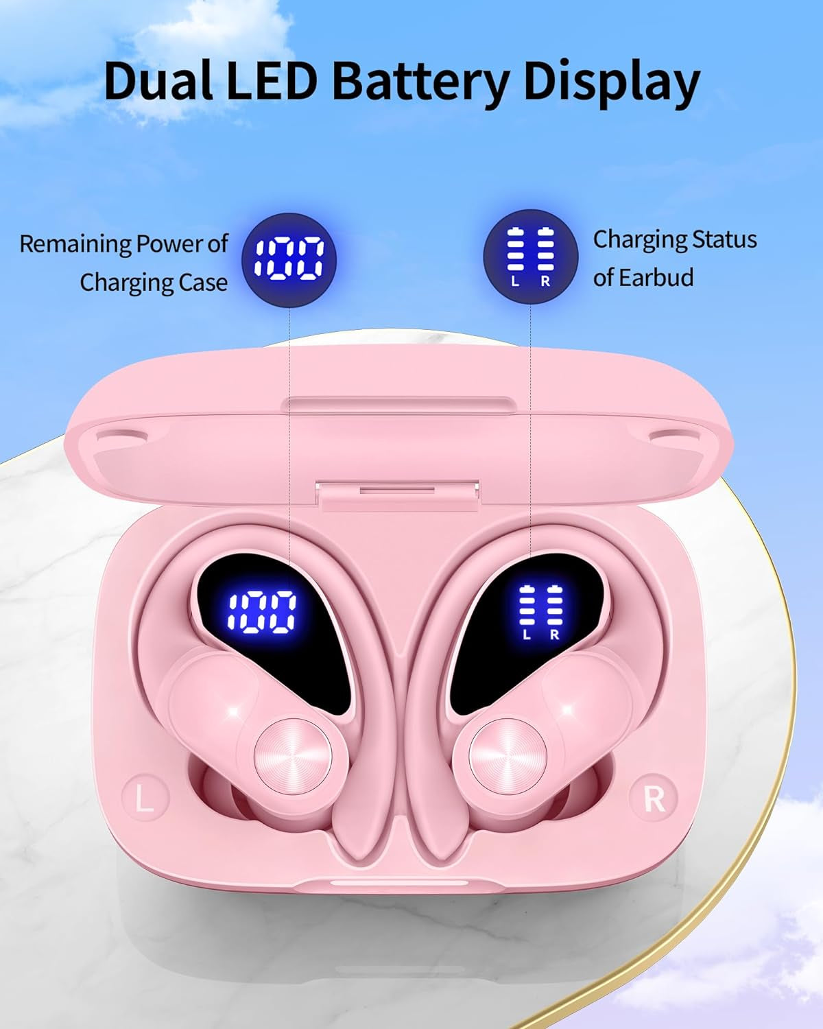 Bluetooth Headphones Wireless Earbuds 80Hrs Playtime Wireless Charging Case Digital Display Sports Ear Buds with Earhook Premium Deep Bass IPX7 Waterproof Over-Ear Earphones for TV Phone Laptop Pink