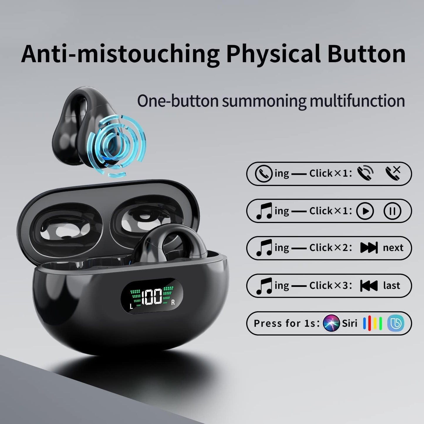 Wireless Headphones Bluetooth Ear Clip Earphones, 30H Playtime Open Ear Clip Headphones with Mic, Mini Wireless Earbuds Bluetooth for Running Sport Gym, USB-C, Compatible with Iphone Android