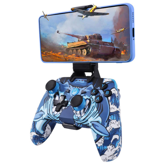 Wireless Game Controller for Iphone, Android, Ipad, Mobile, PC, Tablet, Switch/Apple Arcade Mfi Games/Tv/Steam, Shark Skin Bluetooth Pro Gaming Controller with Phone Clip, with 6-Axis Gyro/Dual