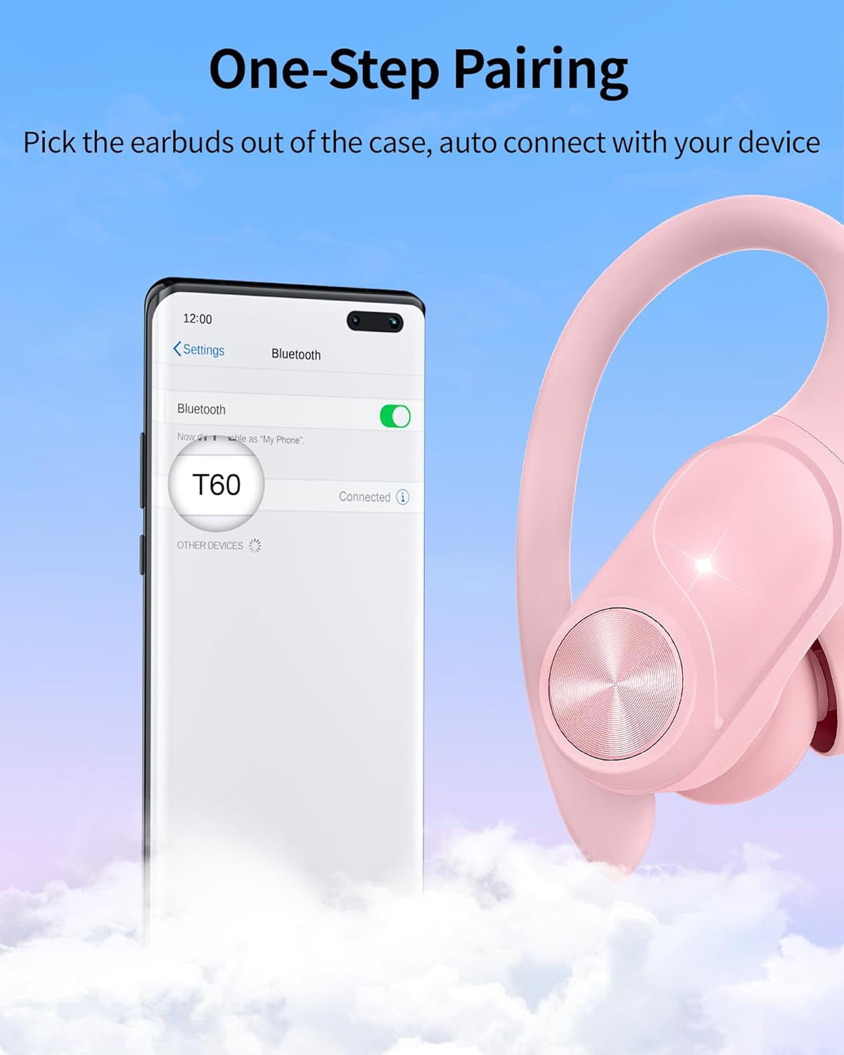 Bluetooth Headphones Wireless Earbuds 80Hrs Playtime Wireless Charging Case Digital Display Sports Ear Buds with Earhook Premium Deep Bass IPX7 Waterproof Over-Ear Earphones for TV Phone Laptop Pink