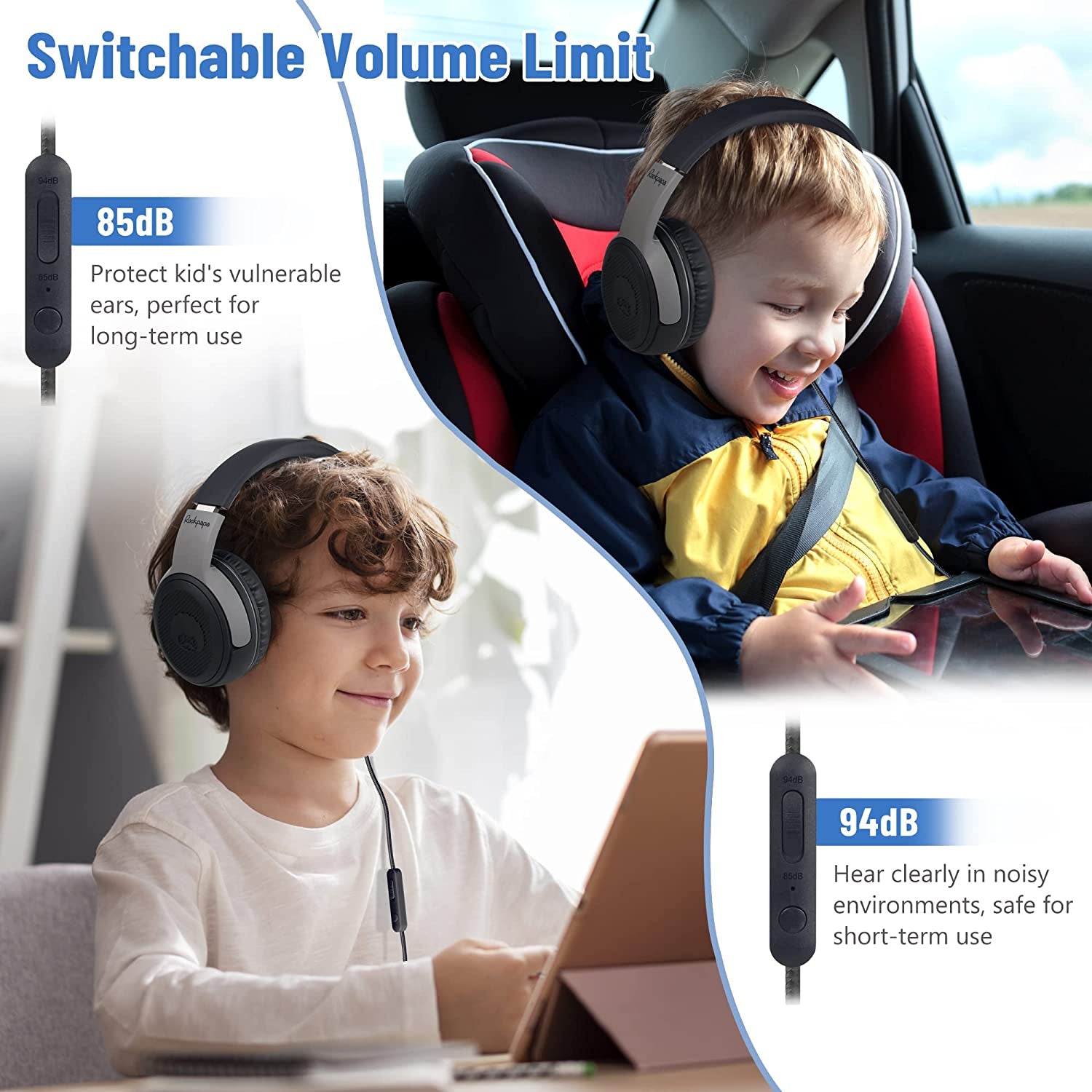 Share 1 Kids Headphones Wired with Microphone & Share Port, 85Db/94Db Volume Limited, Cute Foldable Student Child Boys Girls Headphones for School/Classroom/Travel Black/Grey