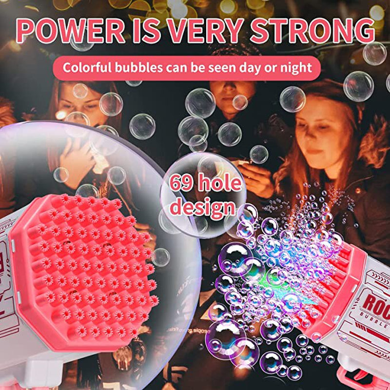 Bubble Gun Rocket 69 Holes Soap Bubbles Machine Christmas Gift Gun Shape Automatic Blower with Light Pomperos Toys for Kids XMAS