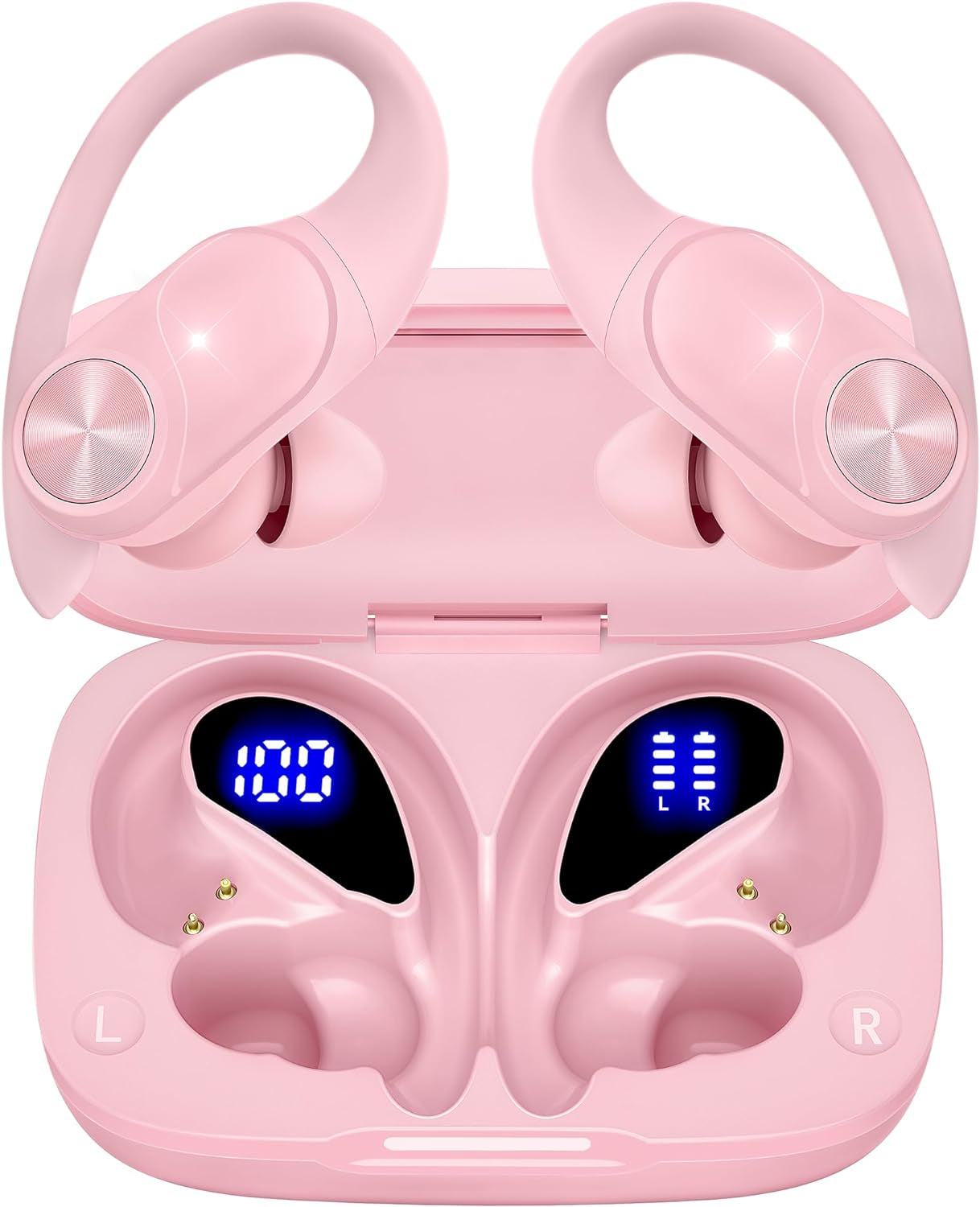 Bluetooth Headphones Wireless Earbuds 80Hrs Playtime Wireless Charging Case Digital Display Sports Ear Buds with Earhook Premium Deep Bass IPX7 Waterproof Over-Ear Earphones for TV Phone Laptop Pink