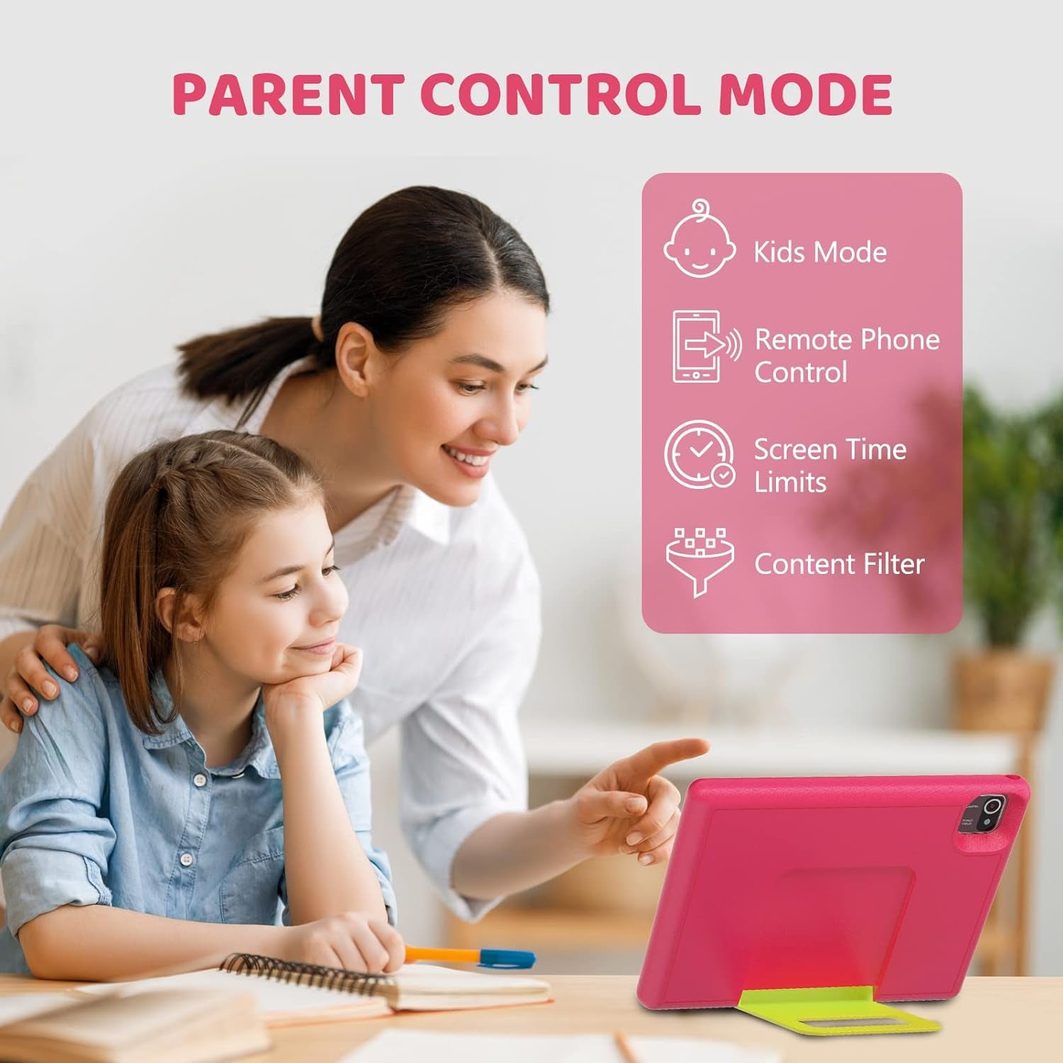 Kids Tablet, 10 Inch Android 12 Tablet, Tablet for Kids, Quad Core Processor, 2GB+32GB, 5000Mah, Kidoz Pre Installed, Parental Control, Wifi, Bluetooth, Kid-Proof Case (Pink)