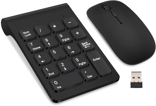 Wireless Numeric Keypad,  Mini 2.4G 18 Keys Number Pad, Portable Silent Financial Accounting Numeric Keypad Keyboard Extensions with Wireless Mouse for Laptop, PC, Desktop, Notebook(Black)