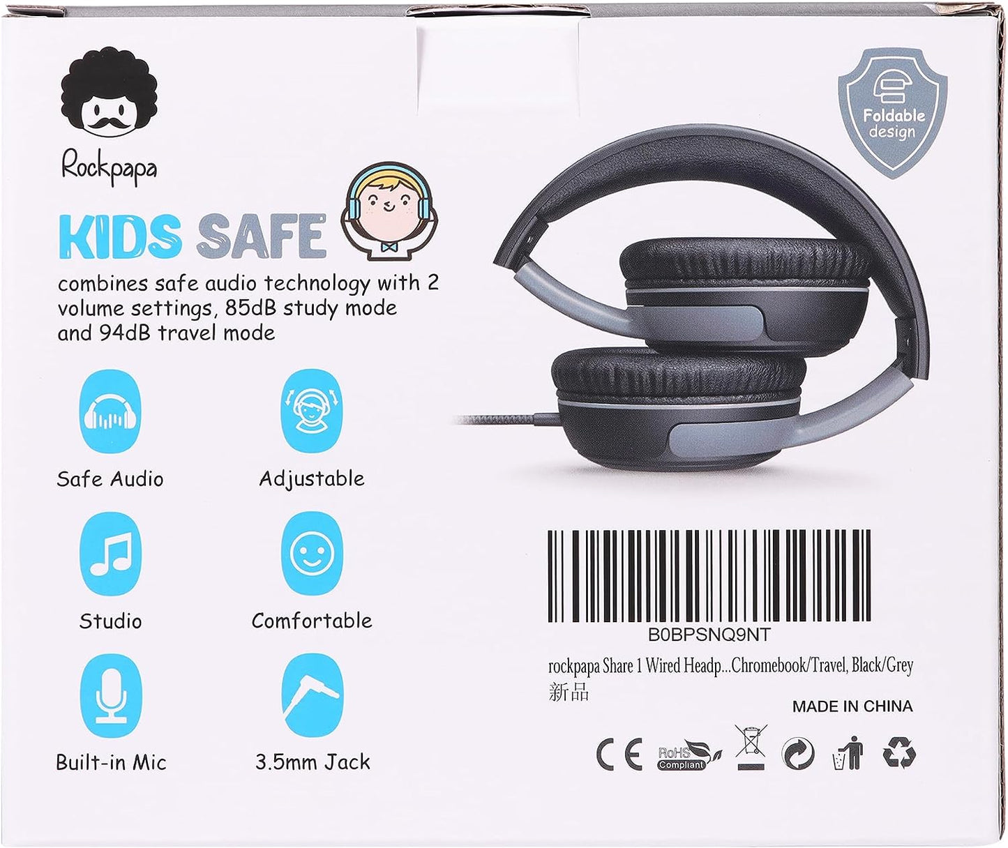 Share 1 Kids Headphones Wired with Microphone & Share Port, 85Db/94Db Volume Limited, Cute Foldable Student Child Boys Girls Headphones for School/Classroom/Travel Black/Grey