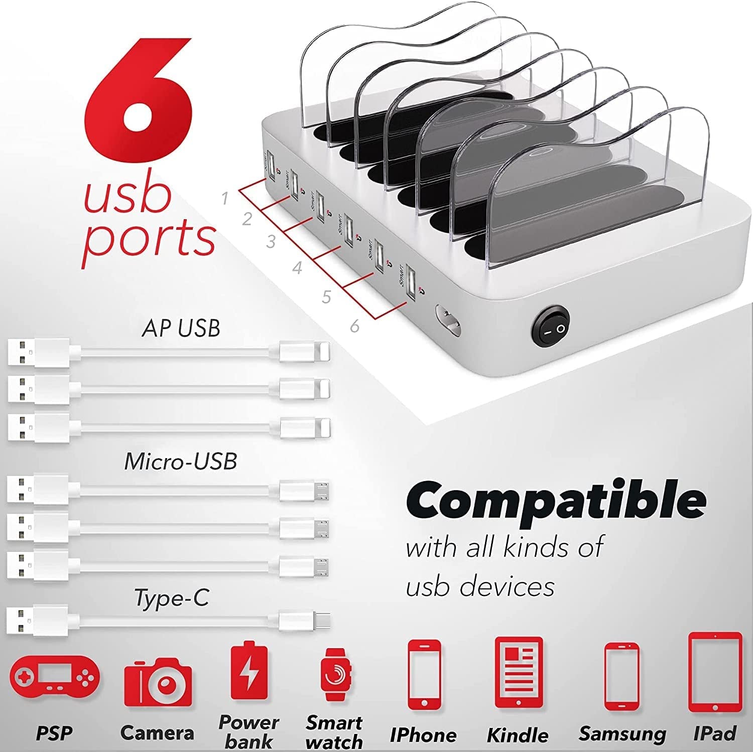 USB Charging Dock - 6-Port - Fast Charging Station for Multiple Devices Apple - Multi Phone Charger Station - Charging Station - for Apple Ipad Iphone and Android Cell Phone and Tablet