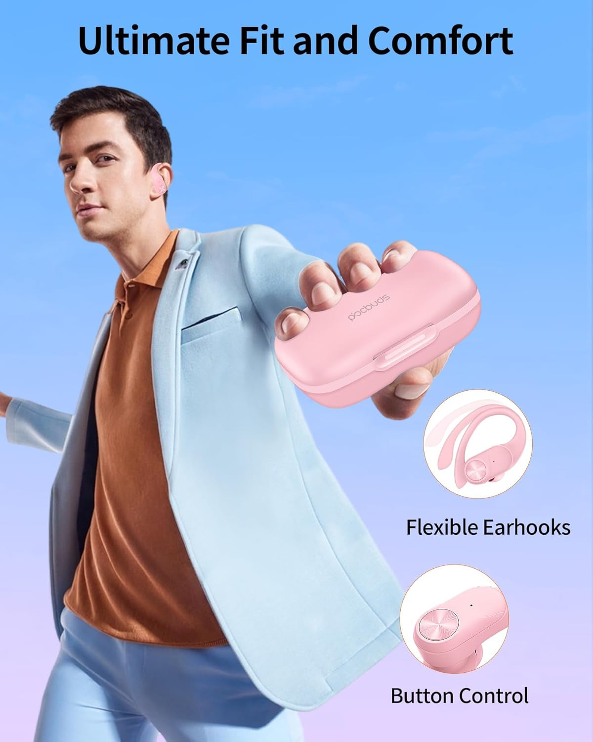 Bluetooth Headphones Wireless Earbuds 80Hrs Playtime Wireless Charging Case Digital Display Sports Ear Buds with Earhook Premium Deep Bass IPX7 Waterproof Over-Ear Earphones for TV Phone Laptop Pink