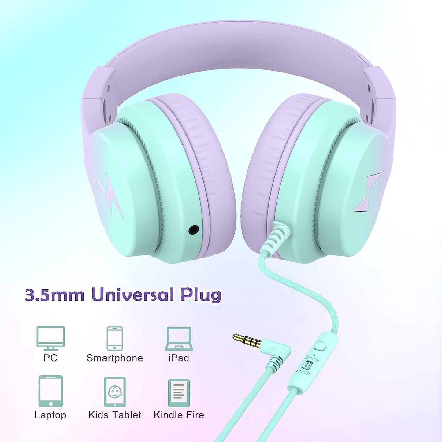 Kids Headphones, Wired Headphones for Kids over Ear with Microphone, 85/94Db Volume Limiter Headphones for Girls Boys with Sharing Jack, Foldable Headphones for Online Study, Gradient Purple