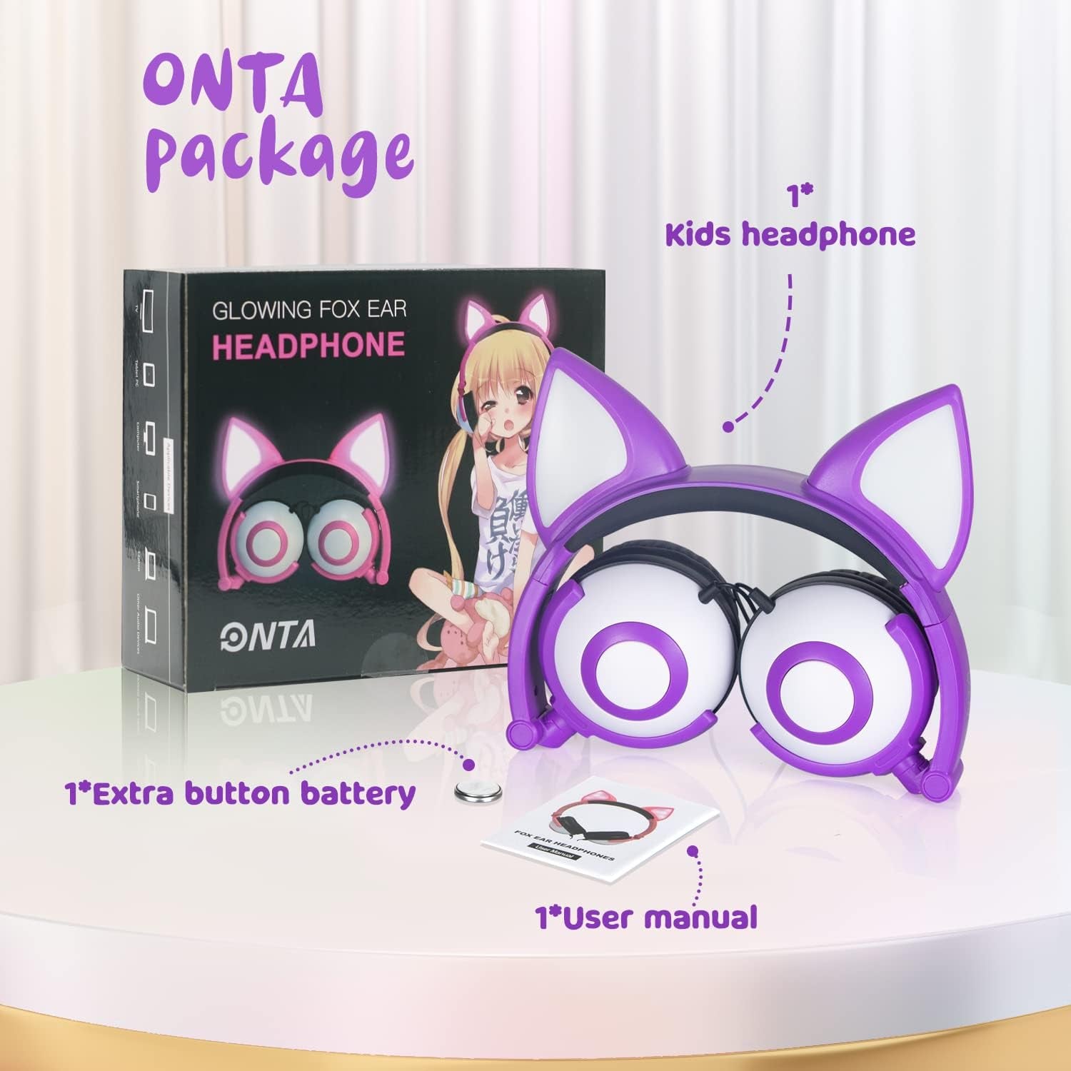 Kids Headphones with Cute LED Glowing Cat Ears,Foldable, Noise-Canceling and Adjustable Toddlers Headphones for Boys and Girls (Purple)