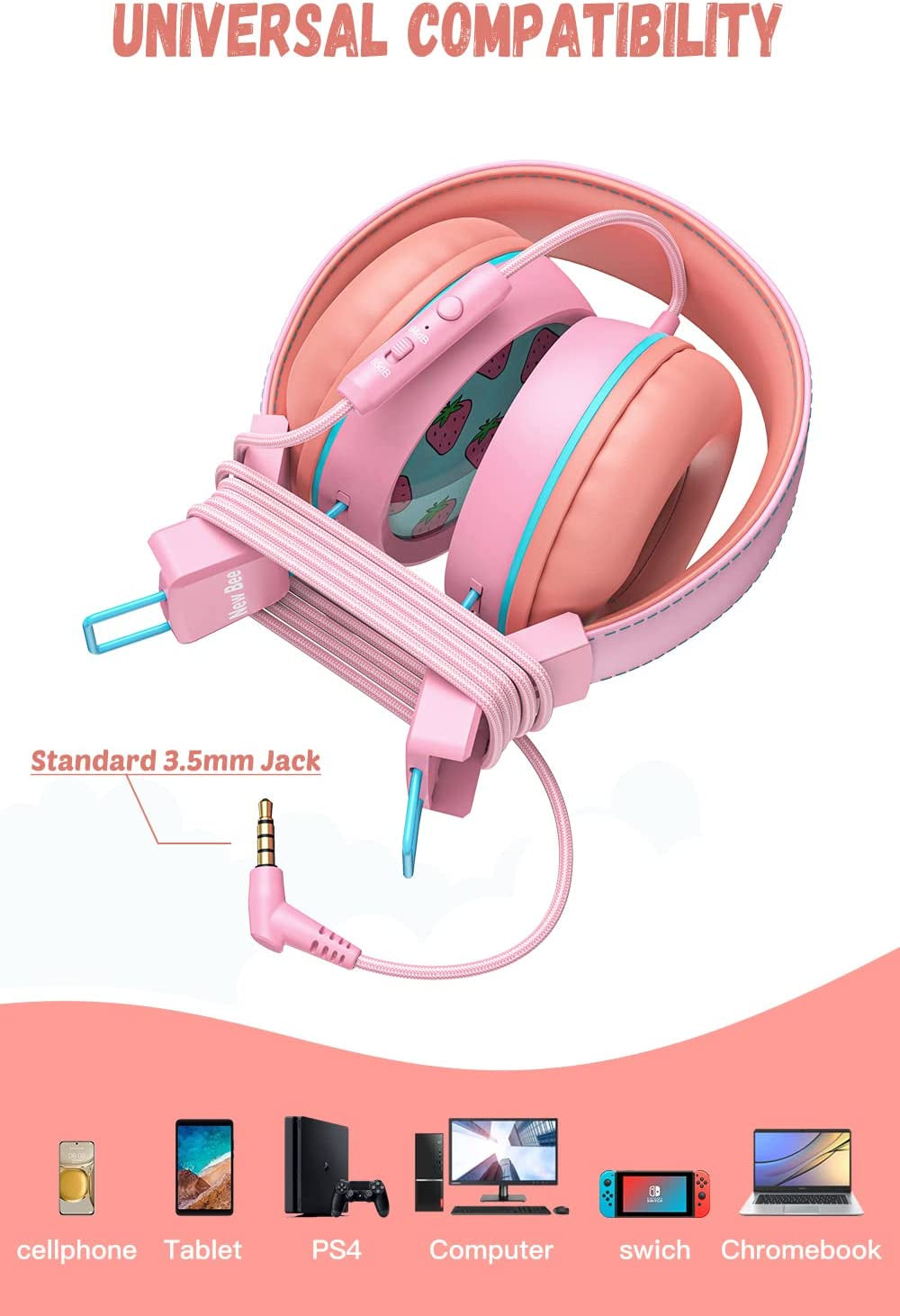 Kids Headphones for School with Microphone KH20 Wired HD Stereo Safe Volume Limited 85Db/94Db Foldable Lightweight On-Ear Headphone for Girl/Mac/Android/Kindle/Tablet/Pad (Pink)