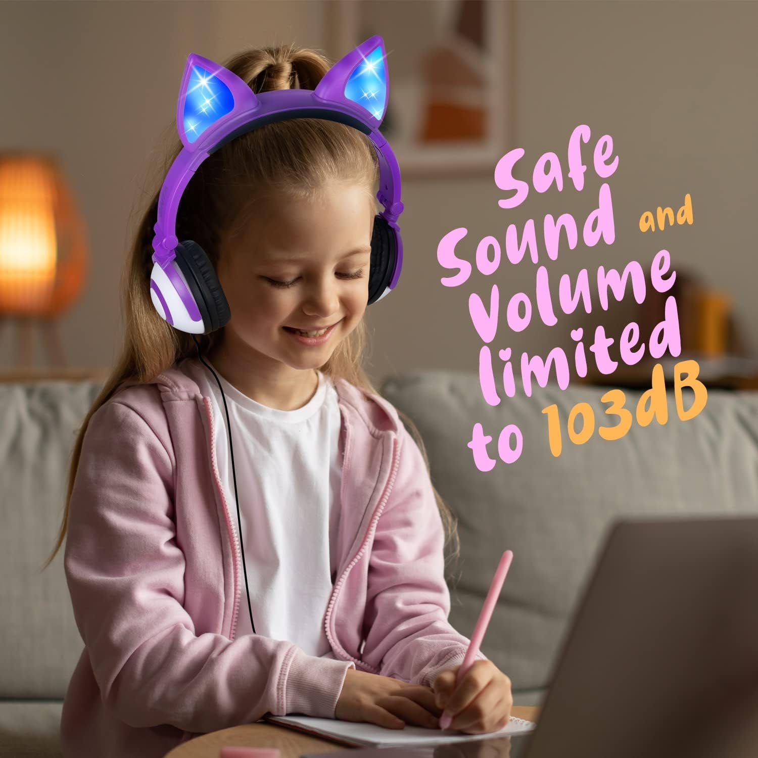 Kids Headphones with Cute LED Glowing Cat Ears,Foldable, Noise-Canceling and Adjustable Toddlers Headphones for Boys and Girls (Purple)