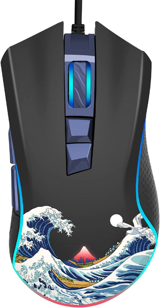 XVX G705 Wired Gaming Mouse, RGB Backlit PC Gaming Mouse with Adjustable 12000DPI/7 Programmable Buttons, Gamer Computer USB Mouse for Windows Mac Laptop PC, Great Wave off Kanagawa