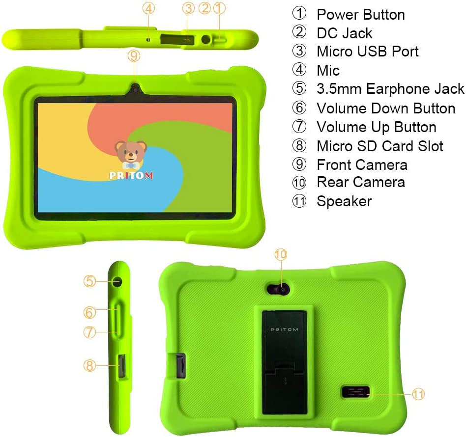 7 Inch Kids Tablet | Quad Core Android 10.0, 32GB ROM | Wifi,Bluetooth,Dual Camera | Educationl,Games,Parental Control,Kids Software Pre-Installed with Kids-Tablet Case (Green)