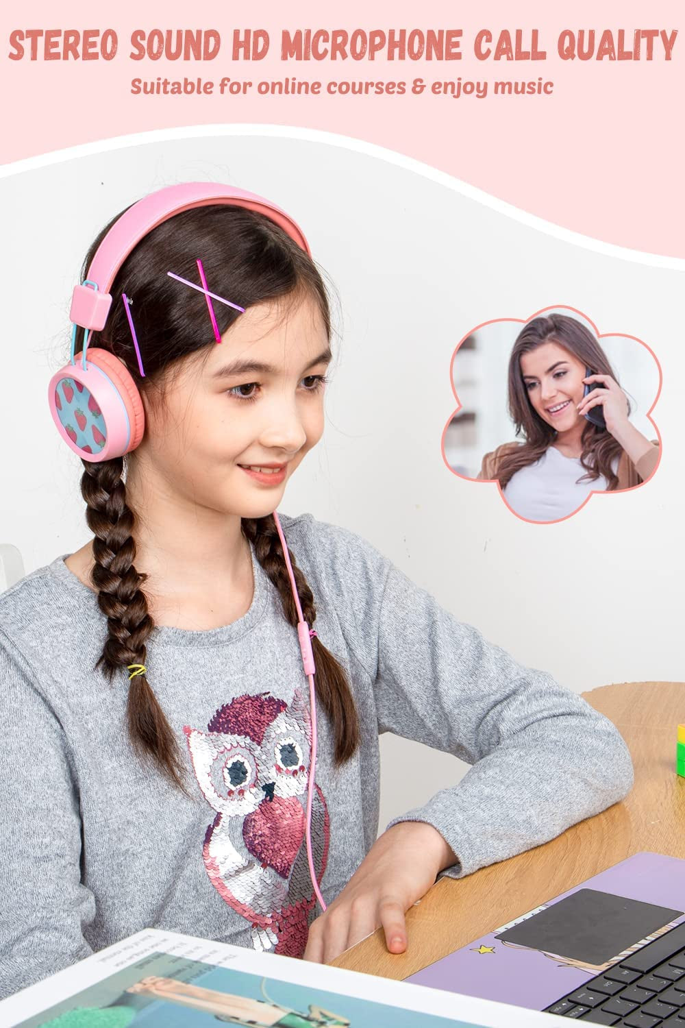 Kids Headphones for School with Microphone KH20 Wired HD Stereo Safe Volume Limited 85Db/94Db Foldable Lightweight On-Ear Headphone for Girl/Mac/Android/Kindle/Tablet/Pad (Pink)