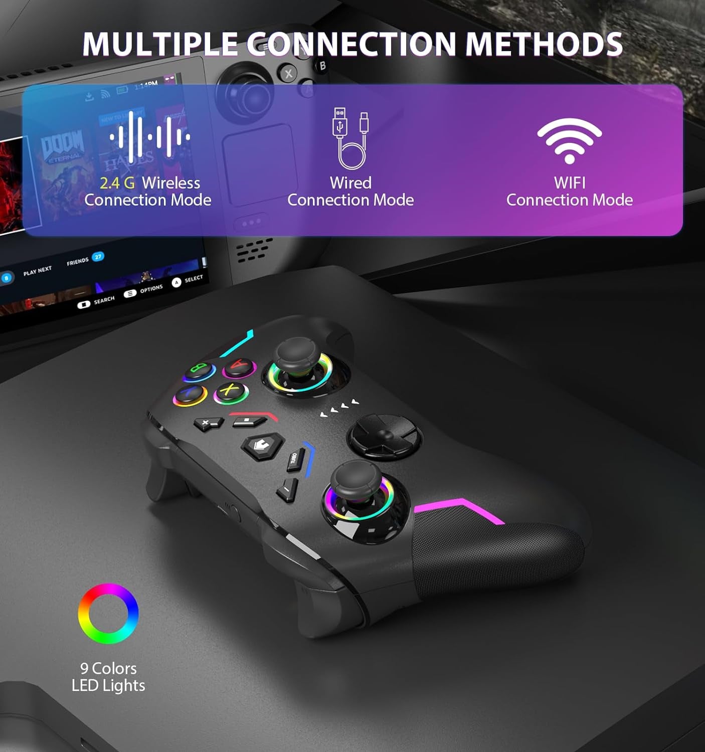 Wireless PC Gaming Controller for Windows (7/8/10/11)/ PS3/ Steam Deck/Android/Nintendo Switch, 9 Color LED Light PC Gamepad with Turbo Function, Adjustable Vibration & Headphone Jack（2.4G ）