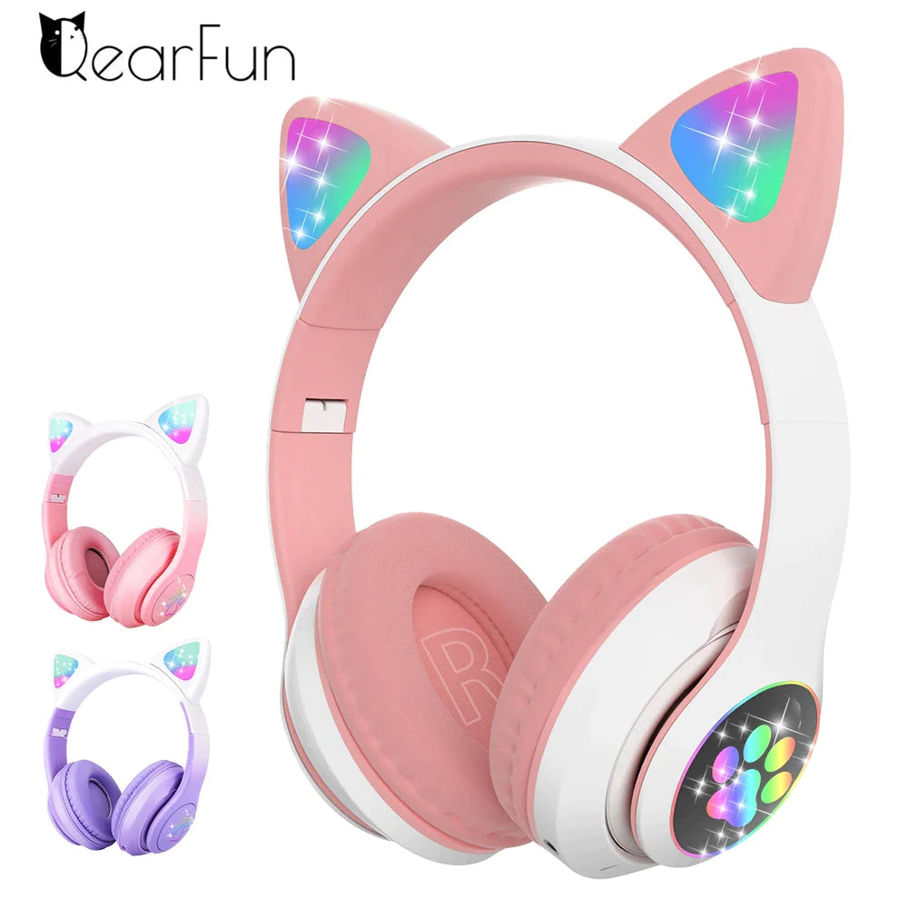 Flash Light Cute Cat Ear Headphones Wireless with Mic Can Close LED Kids Girls Stereo Phone Music Bluetooth Headset Gamer Gift