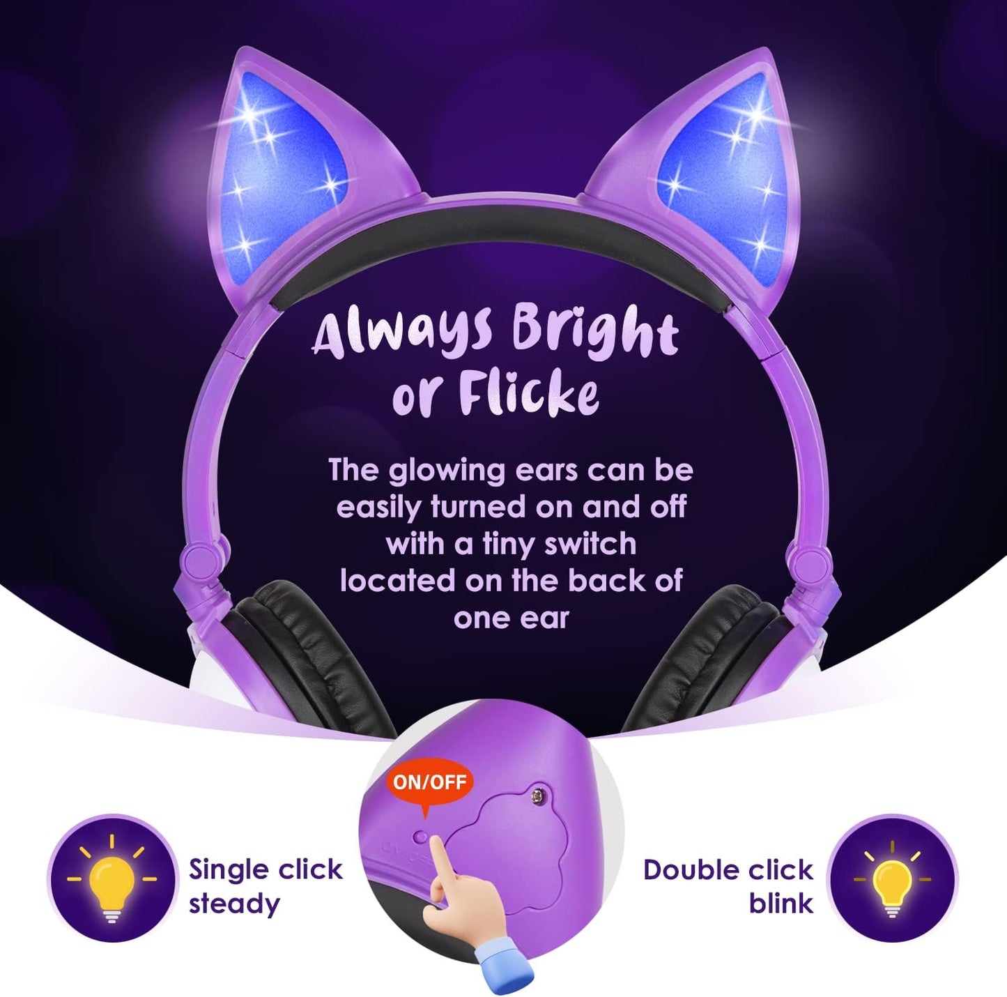 Kids Headphones with Cute LED Glowing Cat Ears,Foldable, Noise-Canceling and Adjustable Toddlers Headphones for Boys and Girls (Purple)