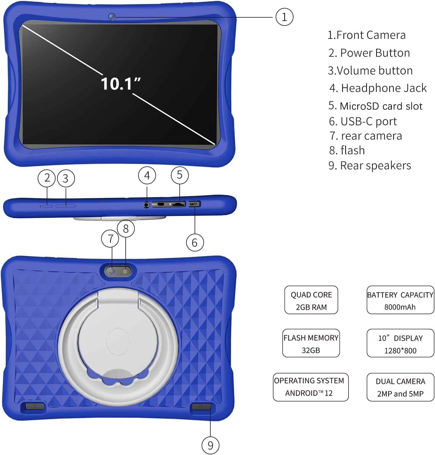 Kids Tablet, 10" Tablet for Kids,Ips HD Display 1280 X 800, RAM 4GB and 64GB Storage, Google Family Link Kids Space Pre-Installed, Youtube,Ages 6-12,Color Blue