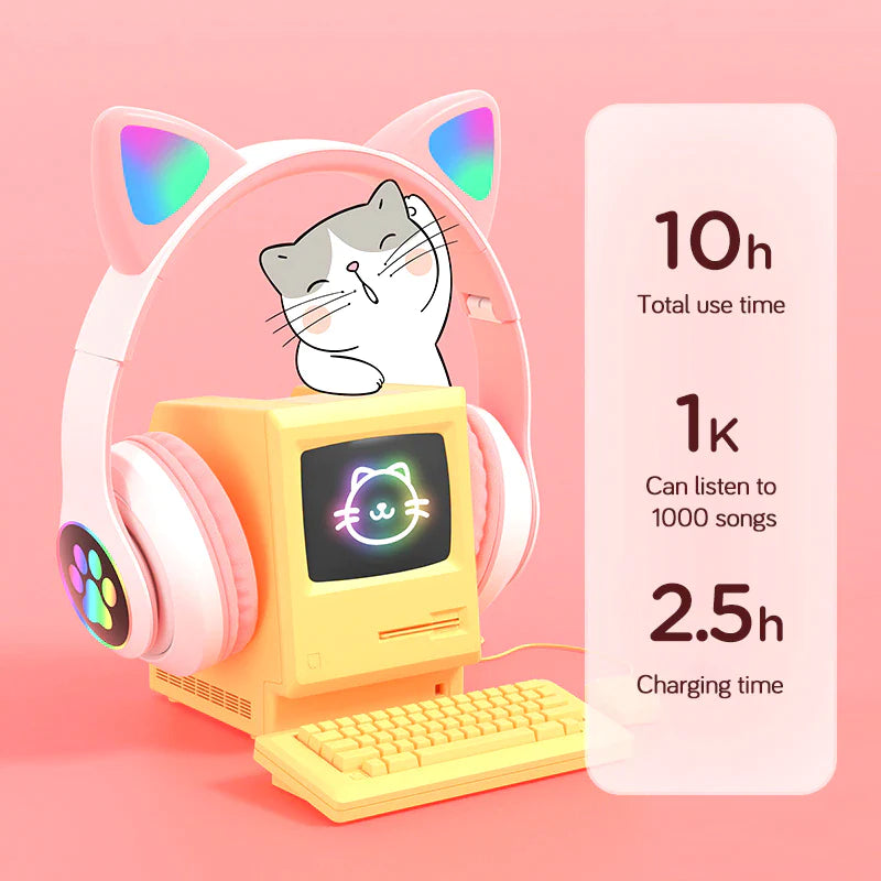 Flash Light Cute Cat Ear Headphones Wireless with Mic Can Close LED Kids Girls Stereo Phone Music Bluetooth Headset Gamer Gift