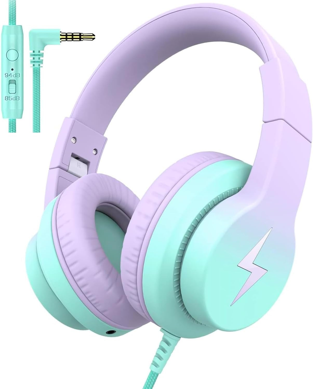 Kids Headphones, Wired Headphones for Kids over Ear with Microphone, 85/94Db Volume Limiter Headphones for Girls Boys with Sharing Jack, Foldable Headphones for Online Study, Gradient Purple