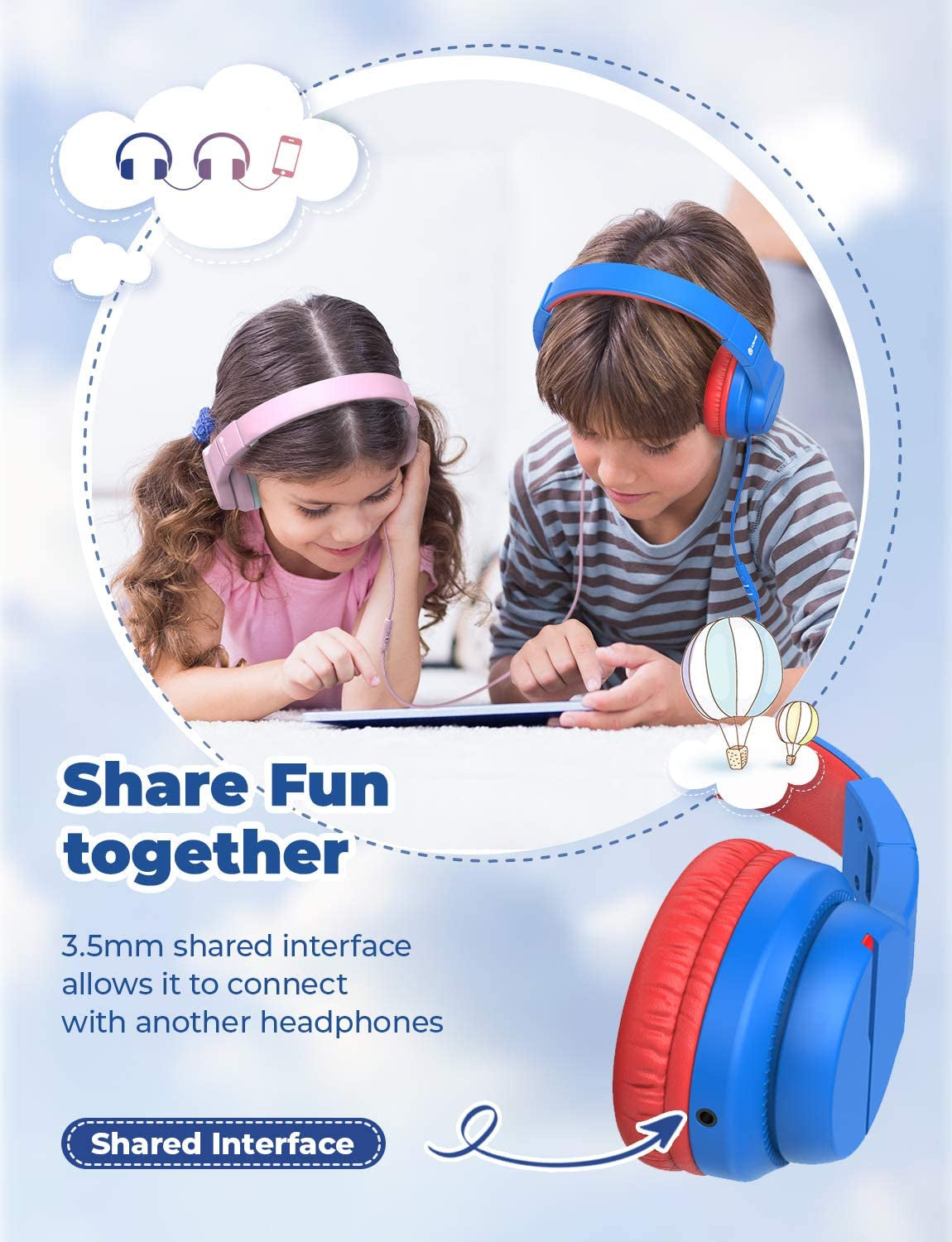 Kids Headphones for School Travel, Safe Volume 85/94Db, HD Mic Stereo Sound Over-Ear Girls Boys Headphones for Kid, Funshare Foldable 3.5Mm Wired Kids Headphones for Ipad Computer