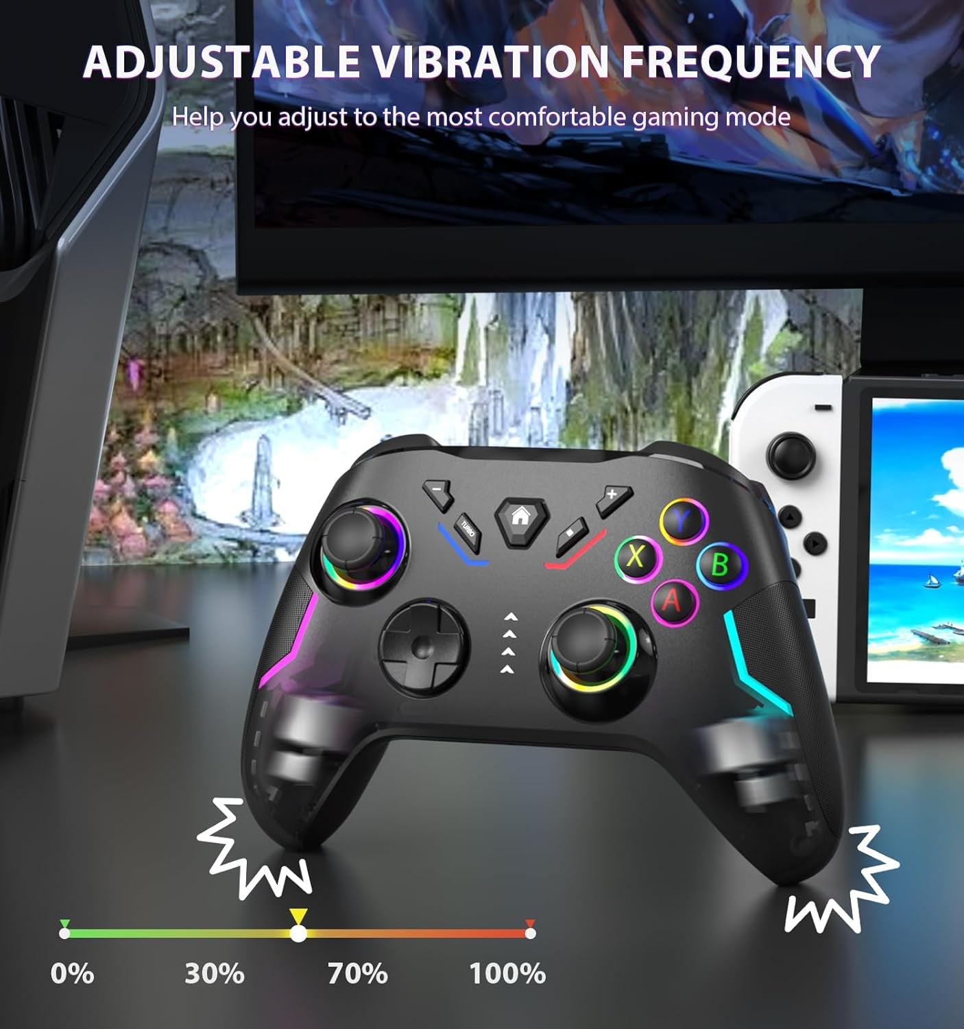 Wireless PC Gaming Controller for Windows (7/8/10/11)/ PS3/ Steam Deck/Android/Nintendo Switch, 9 Color LED Light PC Gamepad with Turbo Function, Adjustable Vibration & Headphone Jack（2.4G ）