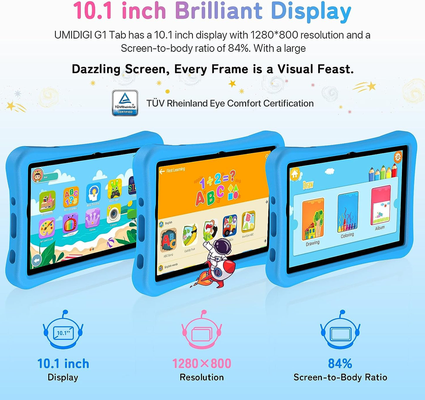 Kids Tablet, G1 Tab Android 13 Tablet PC, 10.1" Tablet for Kids, 8G+64G up to 1TB, Wifi 6, 8MP+8MP Dual Camera, Quad-Core, 6000Mah, BT5.0, TÜV Eye Bluelight Tablet Android, Parental Control