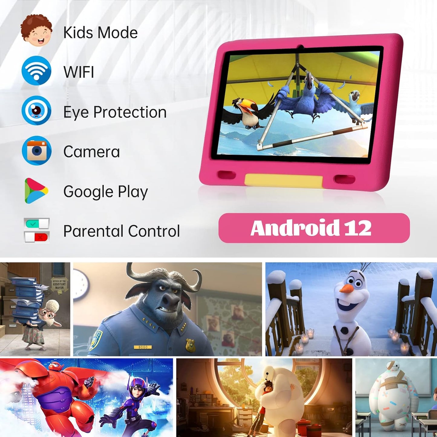 Kids Tablet, 10 Inch Android 12 Tablet, Tablet for Kids, Quad Core Processor, 2GB+32GB, 5000Mah, Kidoz Pre Installed, Parental Control, Wifi, Bluetooth, Kid-Proof Case (Pink)