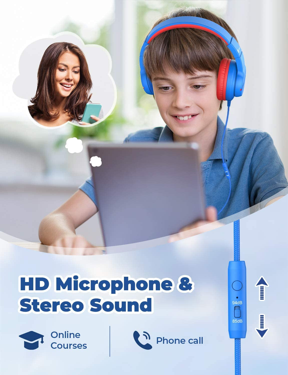 Kids Headphones for School Travel, Safe Volume 85/94Db, HD Mic Stereo Sound Over-Ear Girls Boys Headphones for Kid, Funshare Foldable 3.5Mm Wired Kids Headphones for Ipad Computer