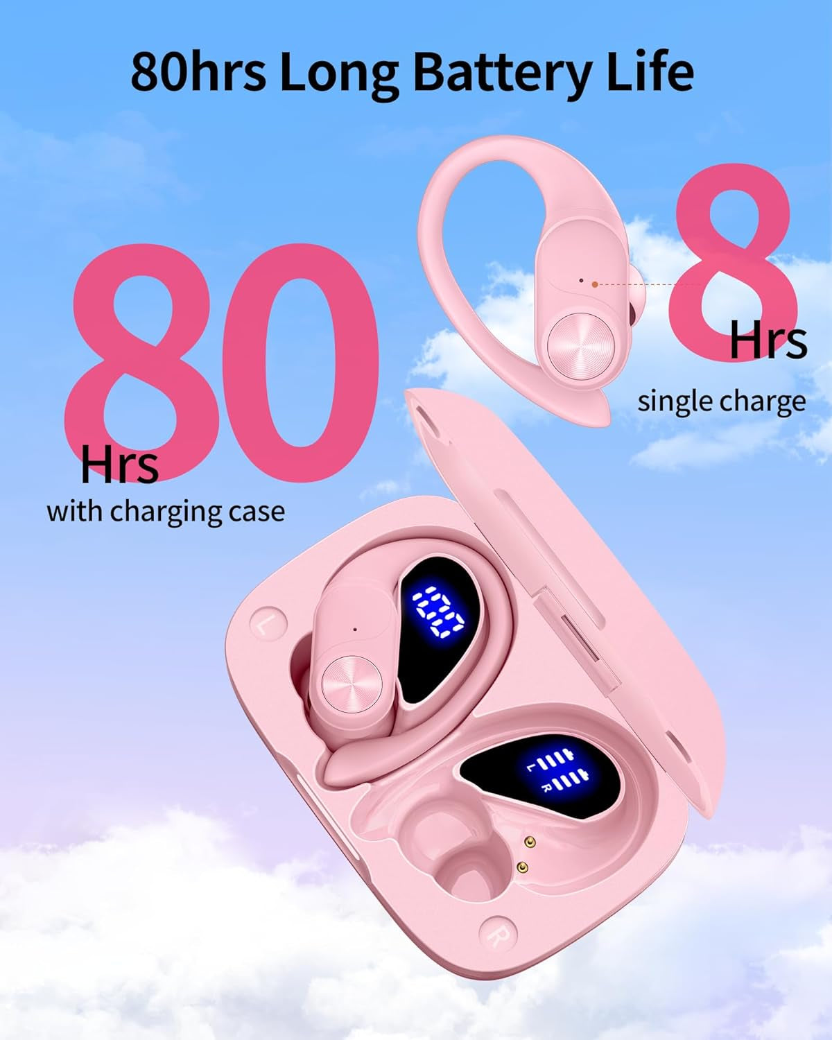 Bluetooth Headphones Wireless Earbuds 80Hrs Playtime Wireless Charging Case Digital Display Sports Ear Buds with Earhook Premium Deep Bass IPX7 Waterproof Over-Ear Earphones for TV Phone Laptop Pink