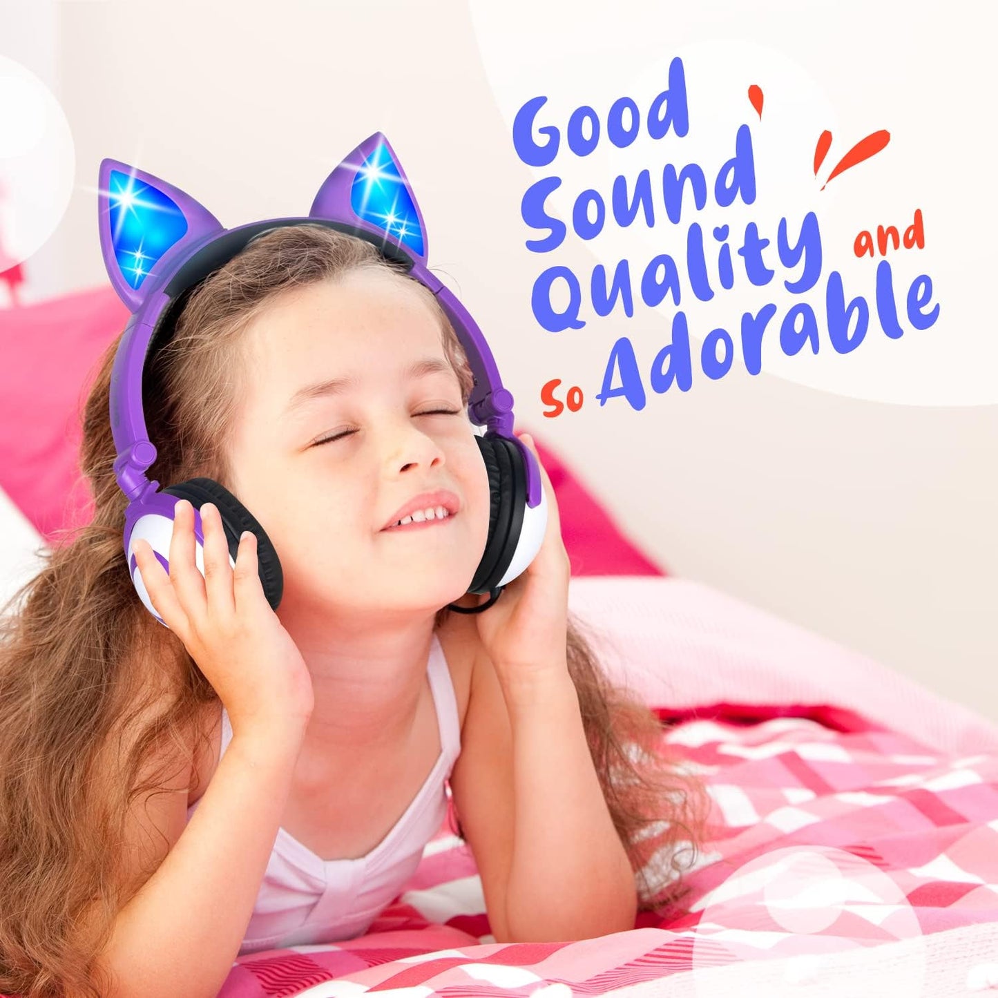 Kids Headphones with Cute LED Glowing Cat Ears,Foldable, Noise-Canceling and Adjustable Toddlers Headphones for Boys and Girls (Purple)